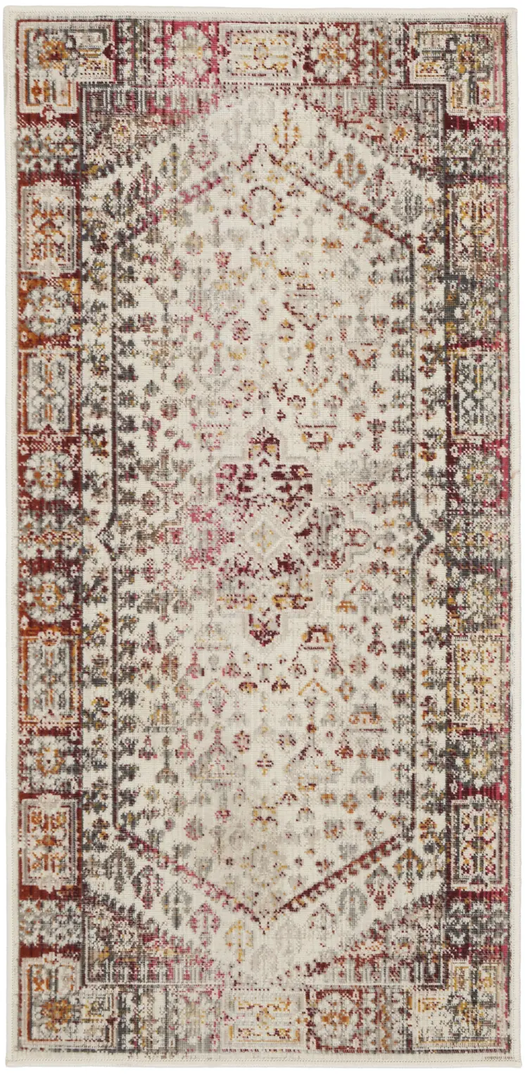 2' X 4' Ivory Red And Orange Floral Distressed Area Rug