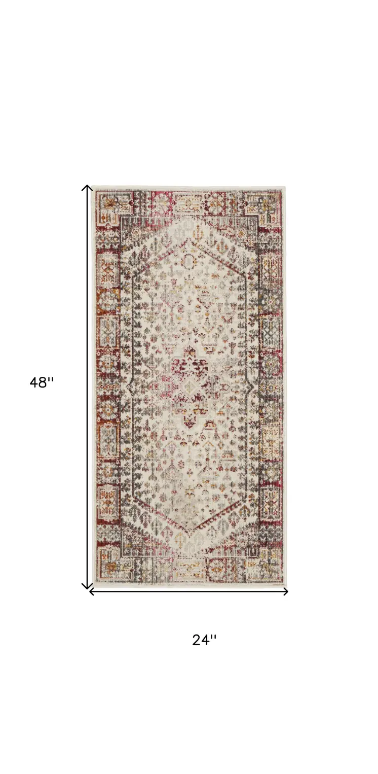 2' X 4' Ivory Red And Orange Floral Distressed Area Rug