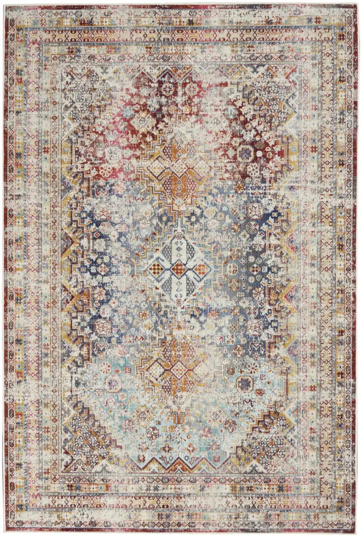 5' X 8' Ivory Red And Orange Geometric Distressed Area Rug