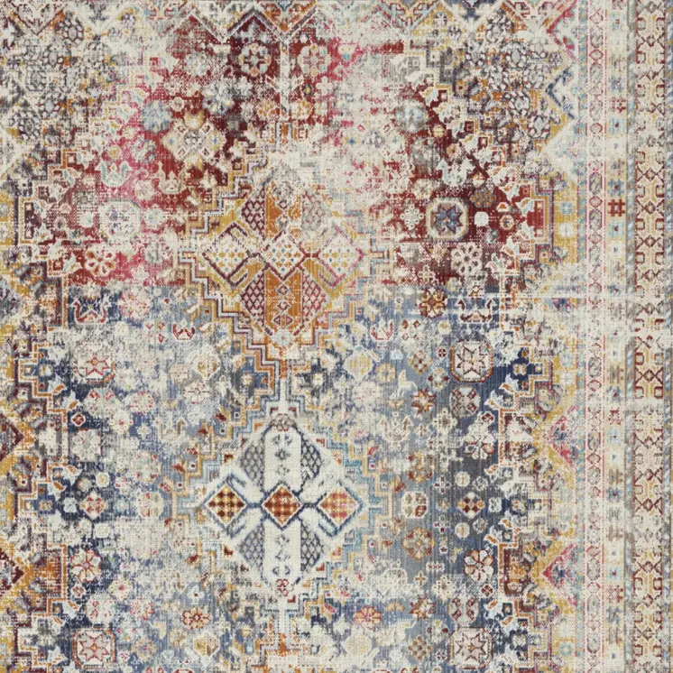 5' X 8' Ivory Red And Orange Geometric Distressed Area Rug