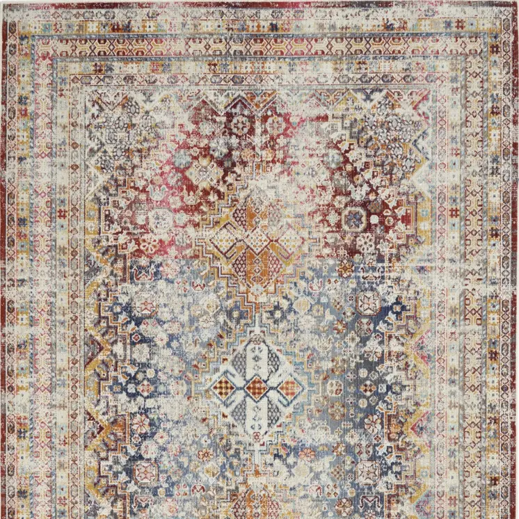 4' X 6' Ivory Red And Orange Geometric Distressed Area Rug