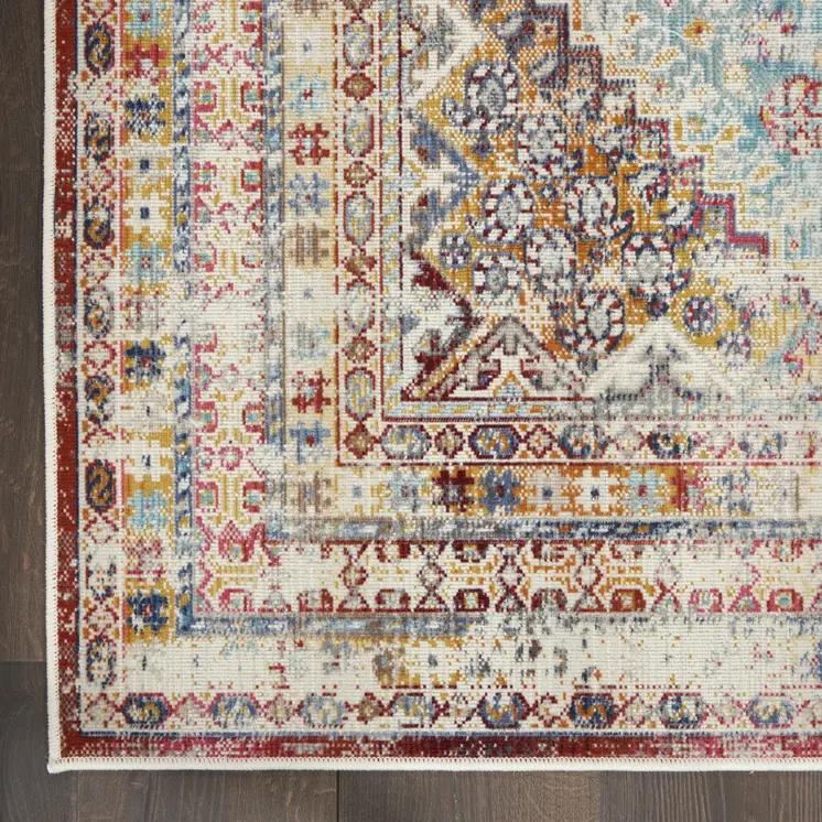 4' X 6' Ivory Red And Orange Geometric Distressed Area Rug