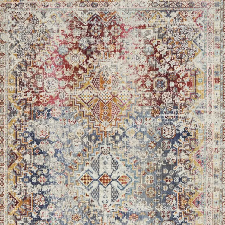 4' X 6' Ivory Red And Orange Geometric Distressed Area Rug