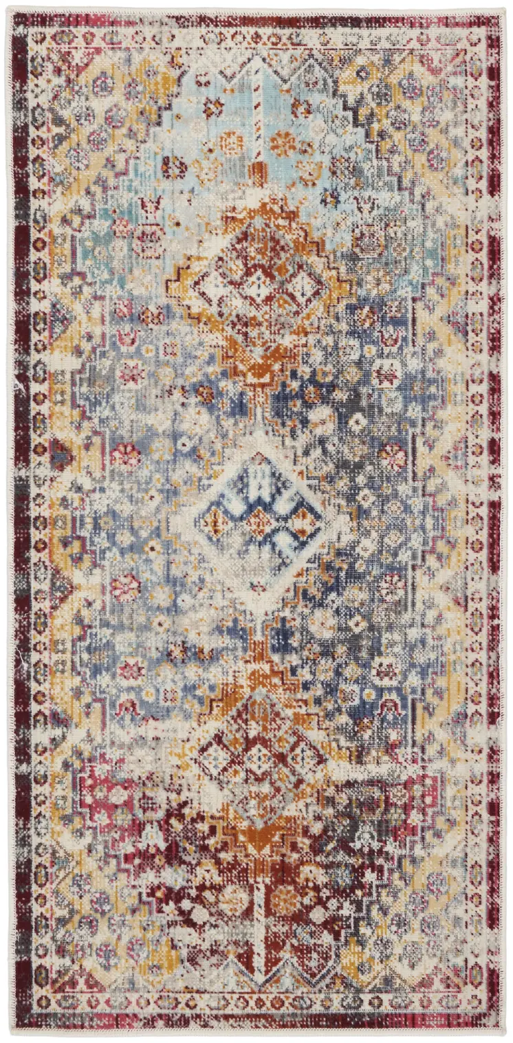 2' X 4' Ivory Red And Orange Geometric Distressed Area Rug