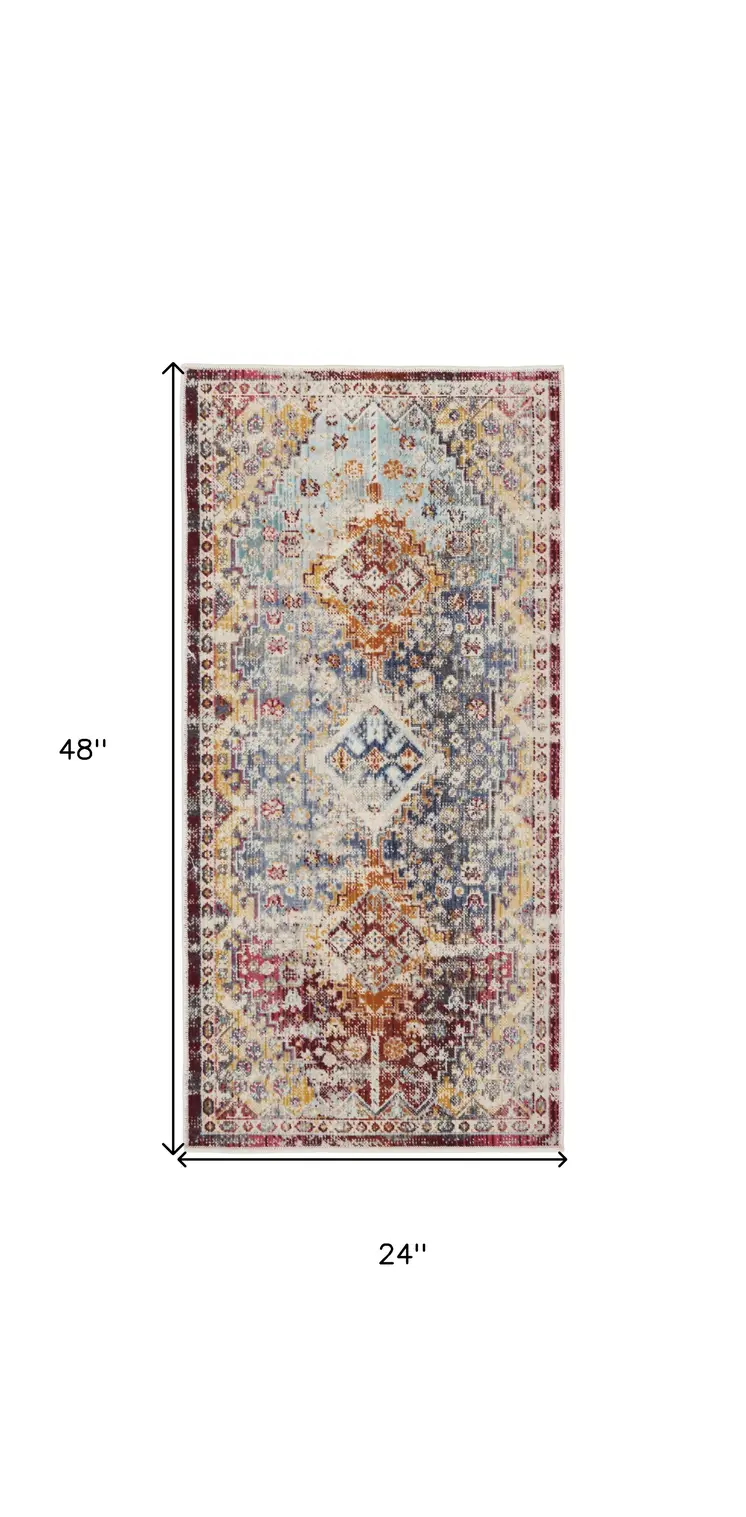 2' X 4' Ivory Red And Orange Geometric Distressed Area Rug