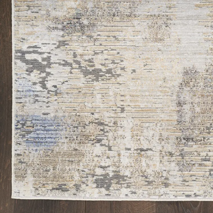 8' Beige Teal Blue and Gray Abstract Runner Rug With Fringe