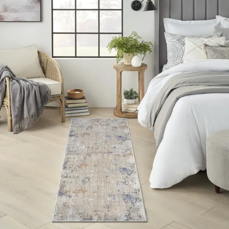 8' Beige Teal Blue and Gray Abstract Runner Rug With Fringe