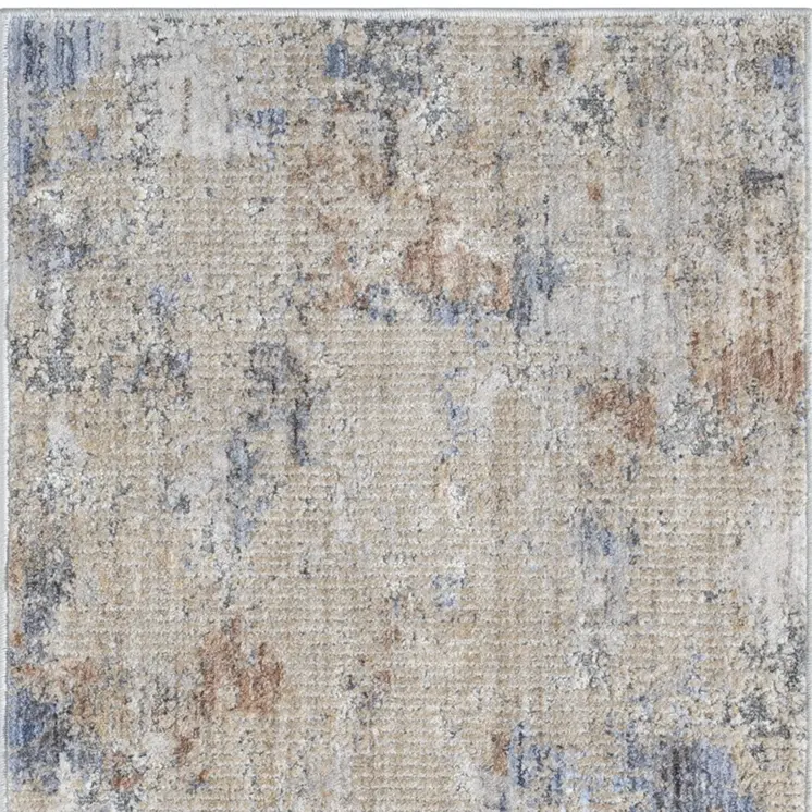 8' Beige Teal Blue and Gray Abstract Runner Rug With Fringe