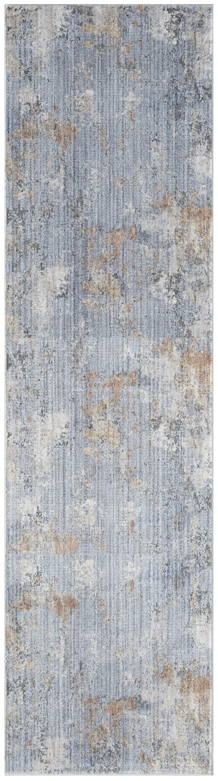 8' Beige Blue and Gray Abstract Runner Rug With Fringe