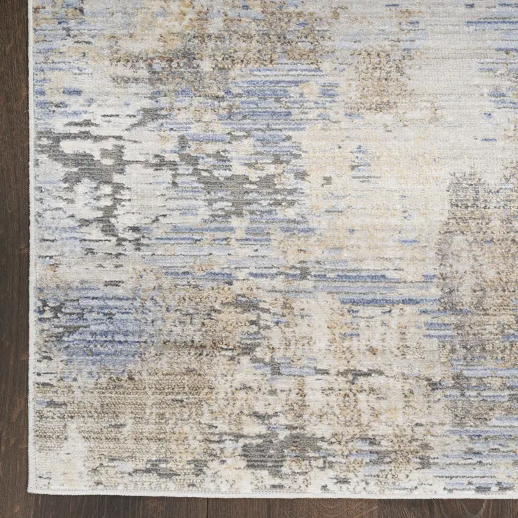 8' Beige Blue and Gray Abstract Runner Rug With Fringe