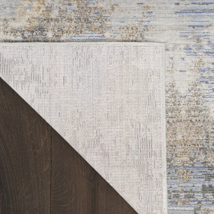 8' Beige Blue and Gray Abstract Runner Rug With Fringe