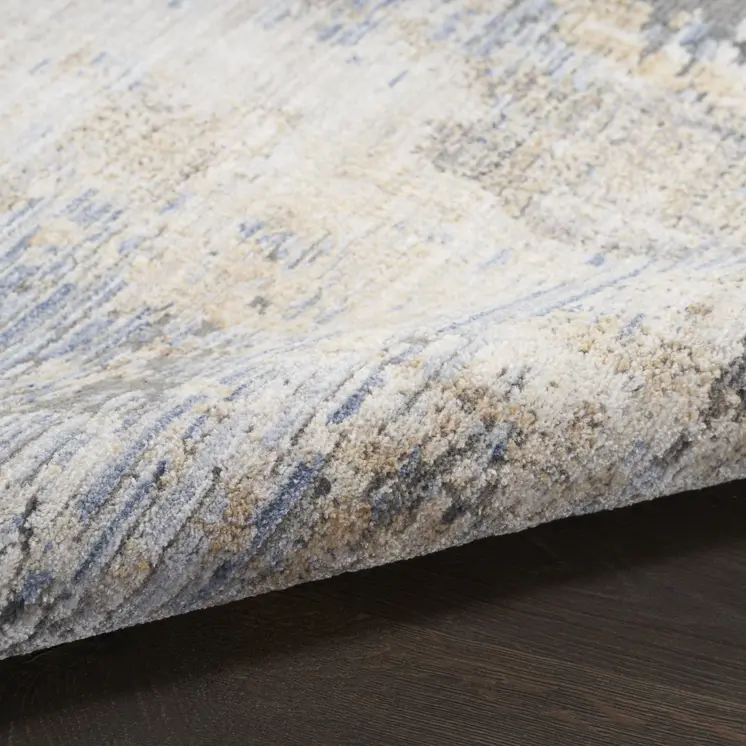 8' Beige Blue and Gray Abstract Runner Rug With Fringe