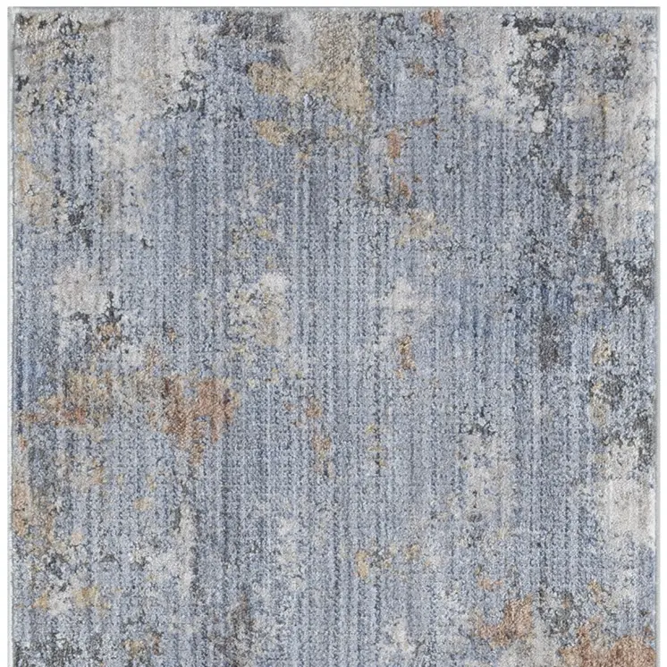 8' Beige Blue and Gray Abstract Runner Rug With Fringe