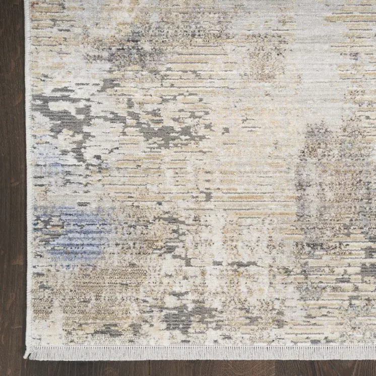 3' X 5' Beige Teal Blue and Gray Abstract Area Rug With Fringe
