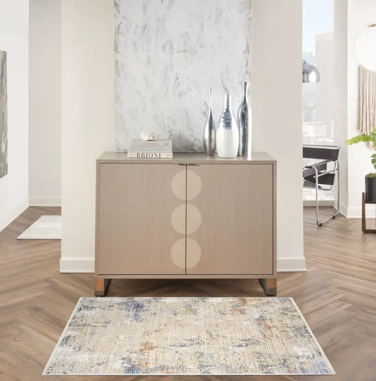 3' X 5' Beige Teal Blue and Gray Abstract Area Rug With Fringe