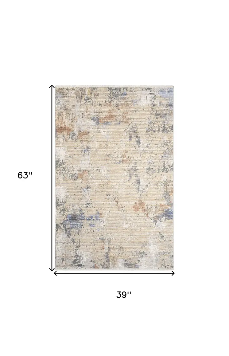 3' X 5' Beige Teal Blue and Gray Abstract Area Rug With Fringe