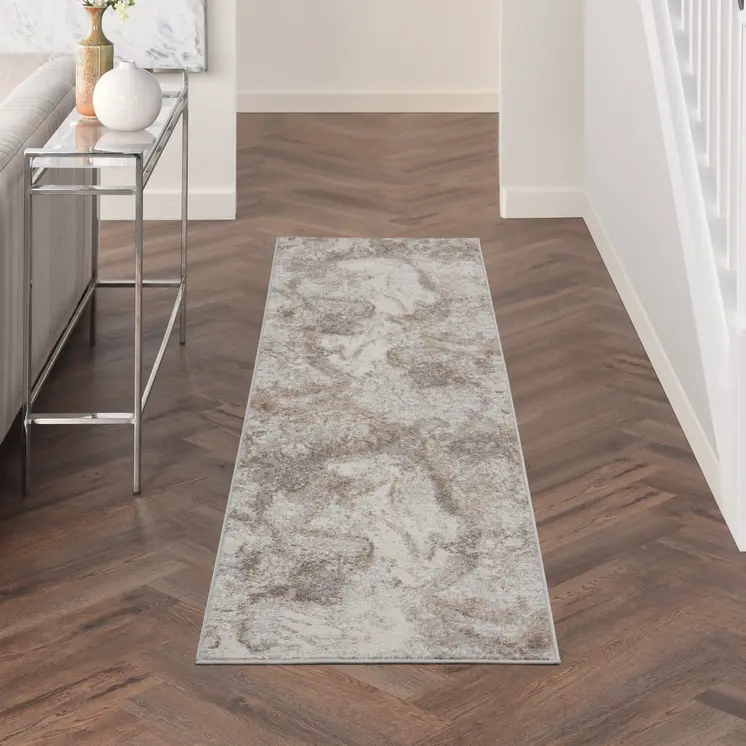 8' Ivory and Gray Abstract Non Skid Runner Rug