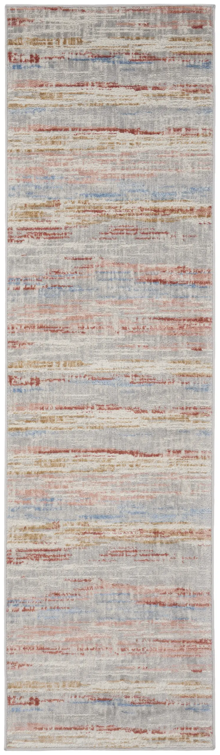 8' Ivory Red and Blue Abstract Non Skid Runner Rug