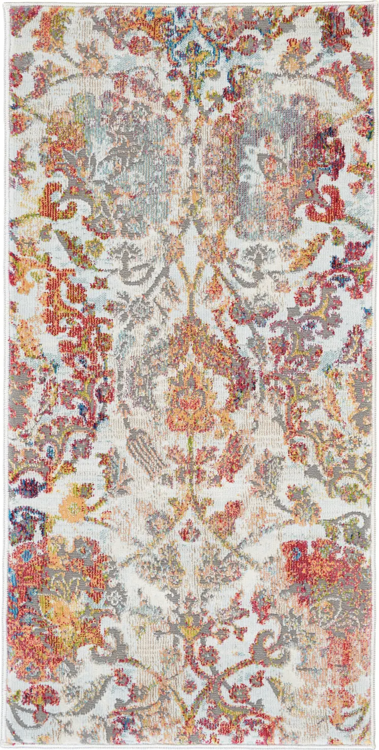 2' X 4' Ivory Gray and Orange Floral Distressed Non Skid Area Rug