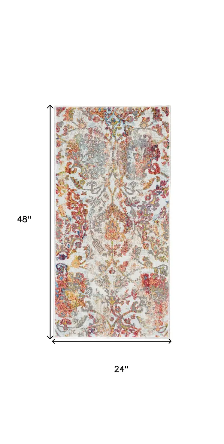 2' X 4' Ivory Gray and Orange Floral Distressed Non Skid Area Rug