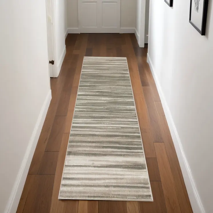 7' Ivory Green and Gray Striped Runner Rug