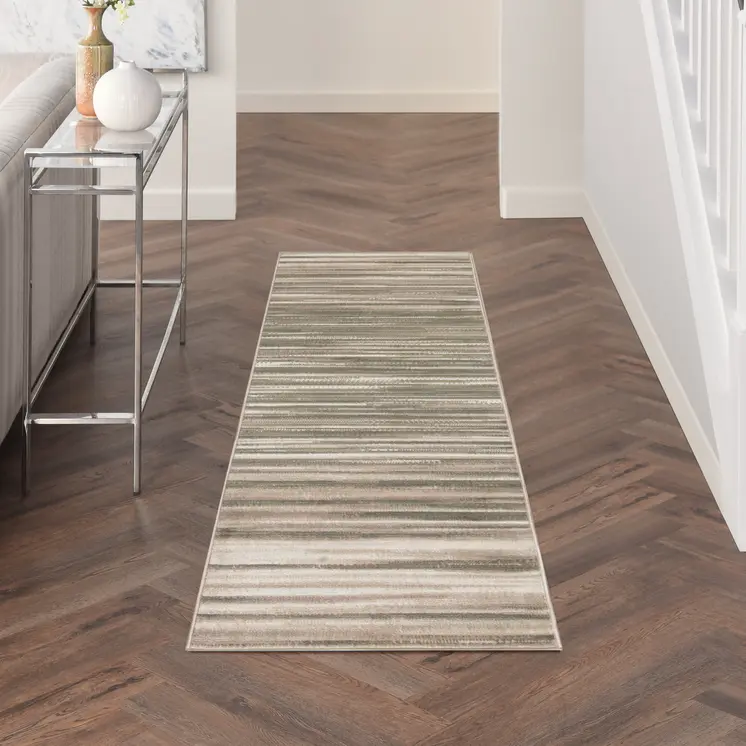 7' Ivory Green and Gray Striped Runner Rug