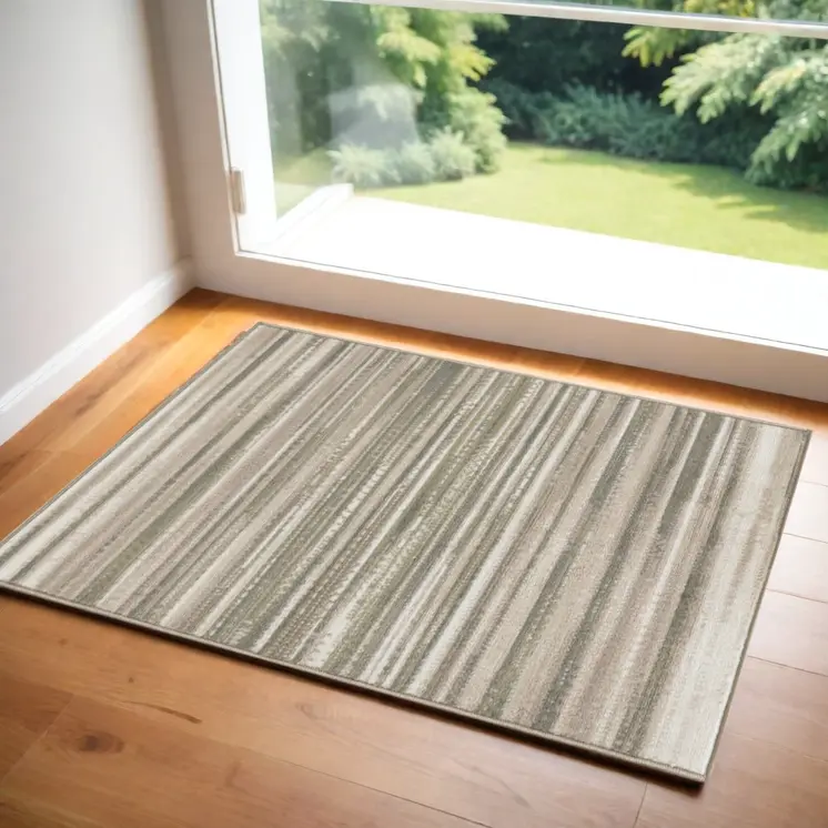 2' X 4' Ivory Green and Gray Striped Area Rug