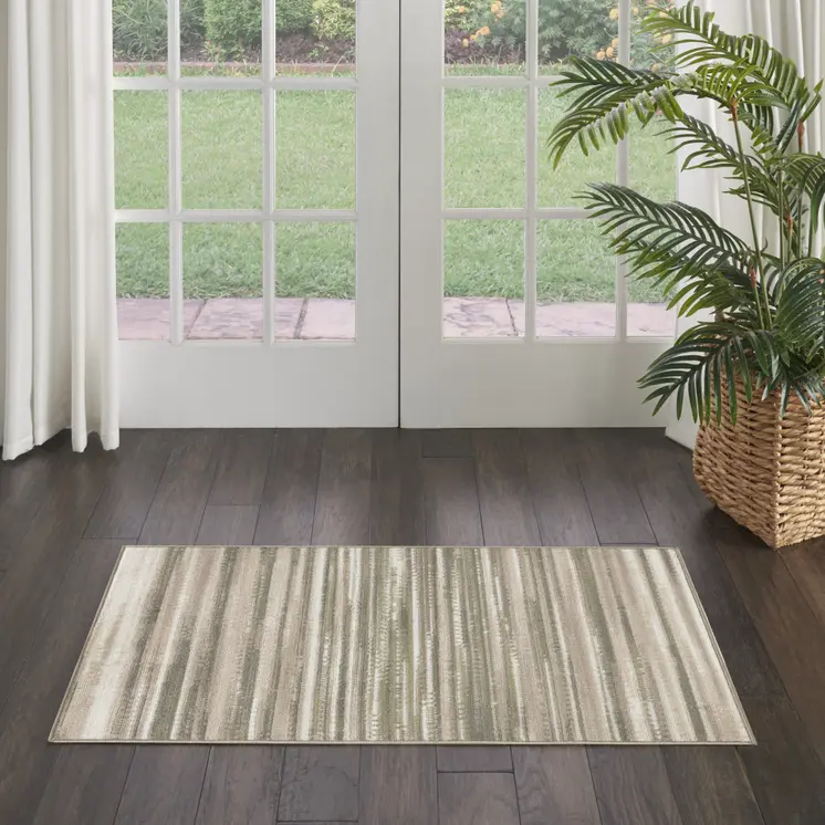 2' X 4' Ivory Green and Gray Striped Area Rug