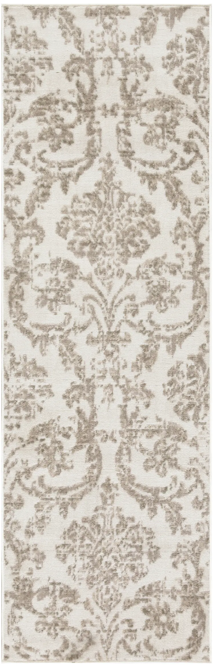 7' Beige and Ivory Damask Distressed Runner Rug