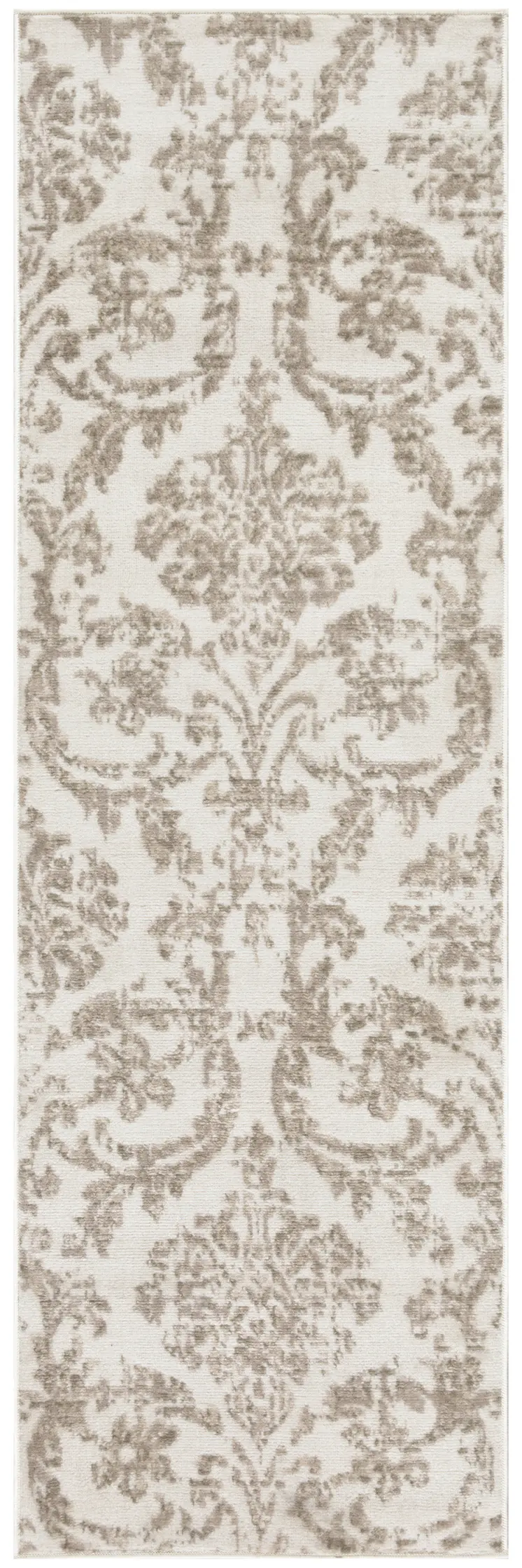 7' Beige and Ivory Damask Distressed Runner Rug