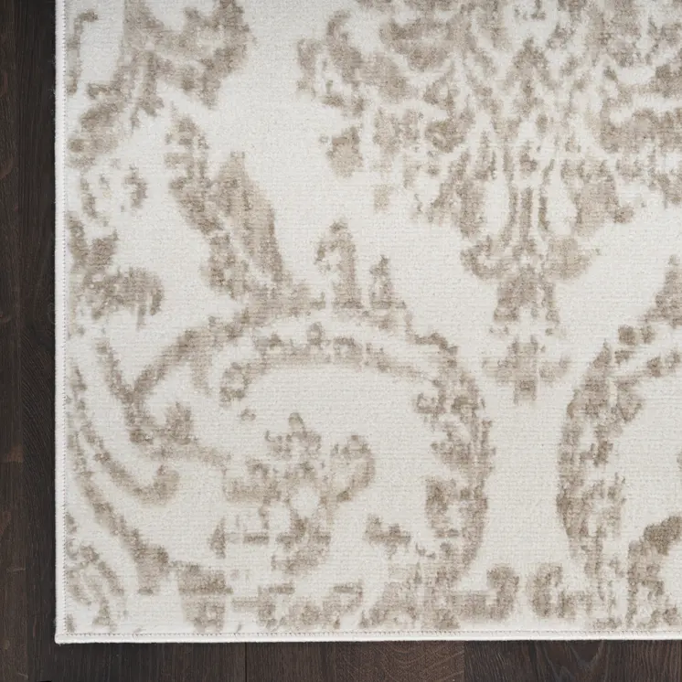 7' Beige and Ivory Damask Distressed Runner Rug