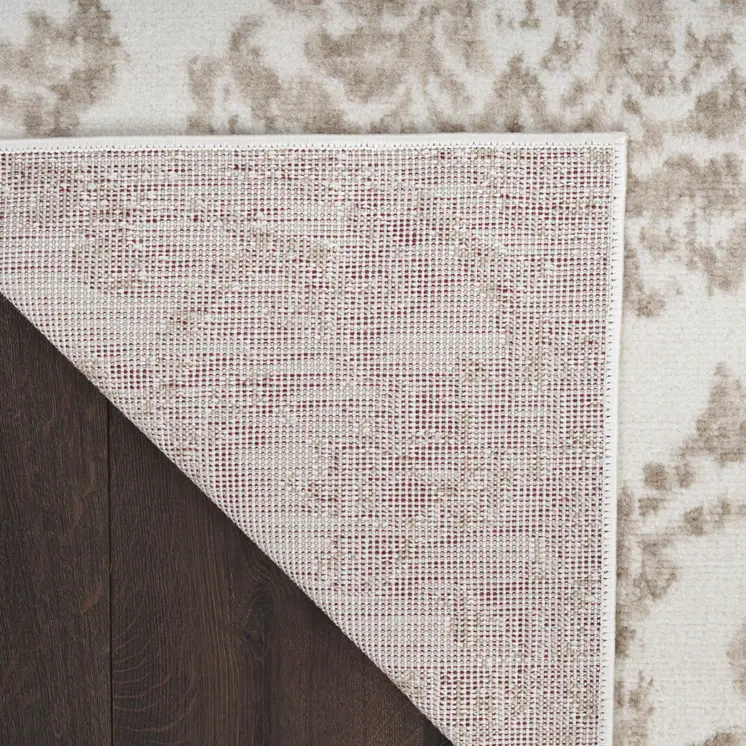 7' Beige and Ivory Damask Distressed Runner Rug