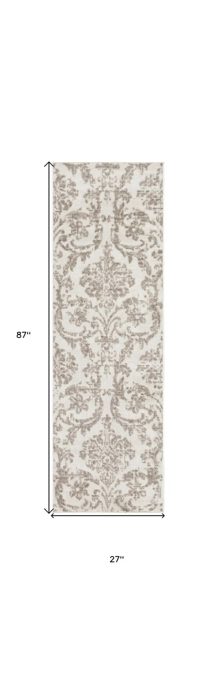 7' Beige and Ivory Damask Distressed Runner Rug