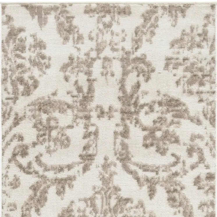 7' Beige and Ivory Damask Distressed Runner Rug