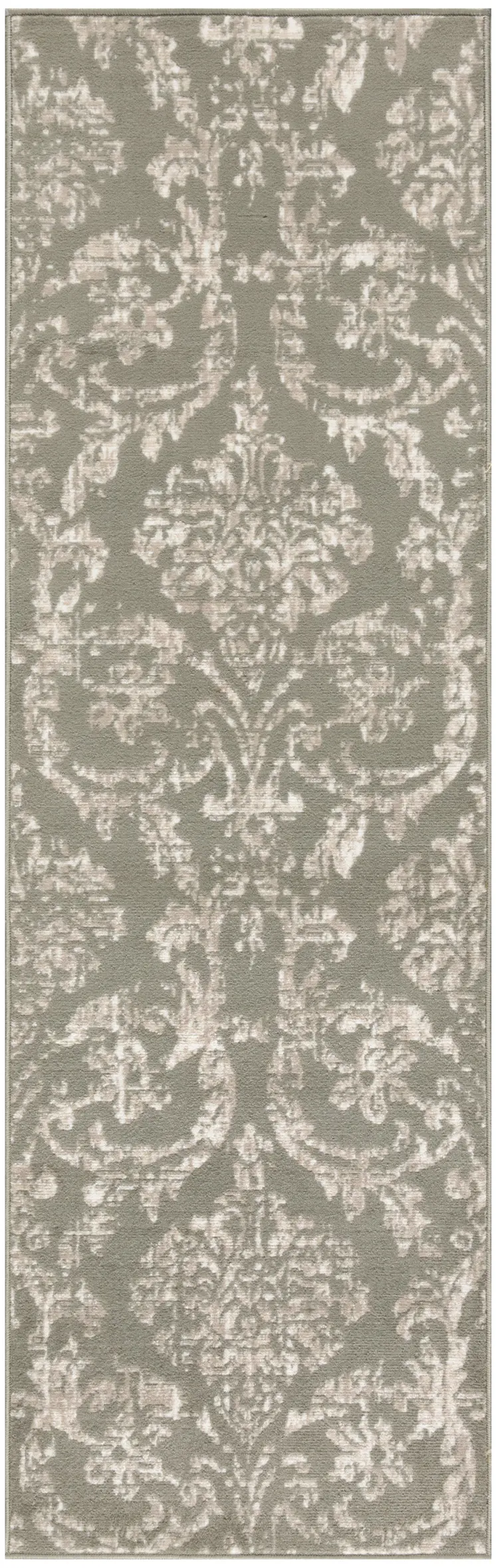 7' Olive Green and Ivory Damask Distressed Runner Rug