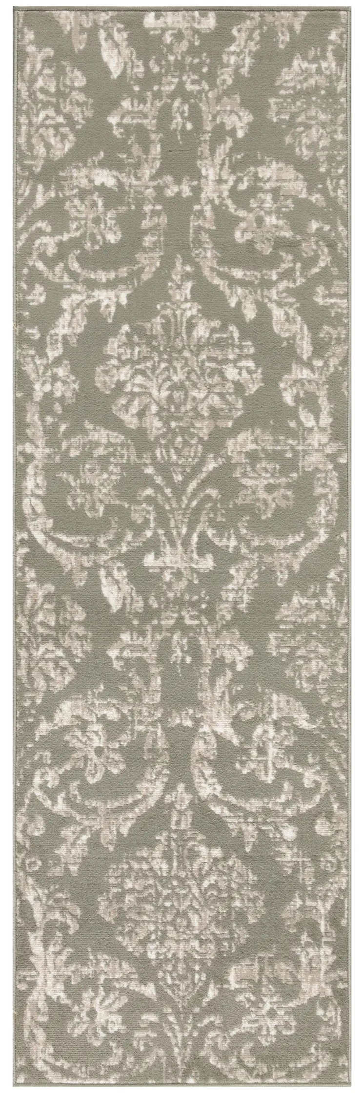 7' Olive Green and Ivory Damask Distressed Runner Rug