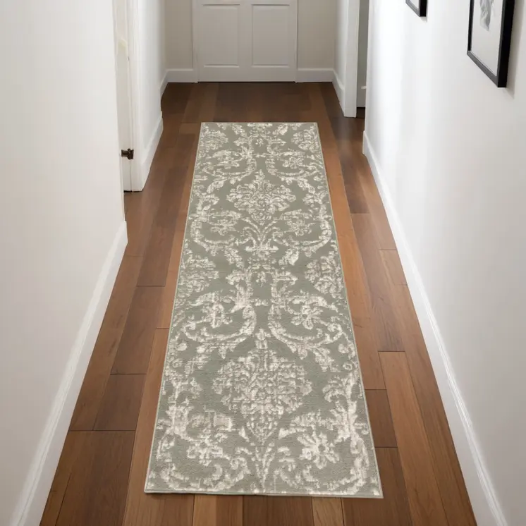 7' Olive Green and Ivory Damask Distressed Runner Rug