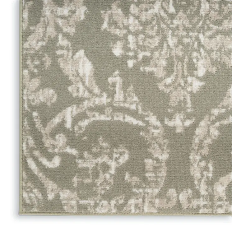 7' Olive Green and Ivory Damask Distressed Runner Rug