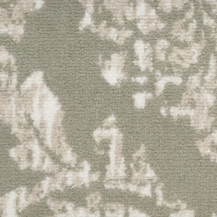 7' Olive Green and Ivory Damask Distressed Runner Rug