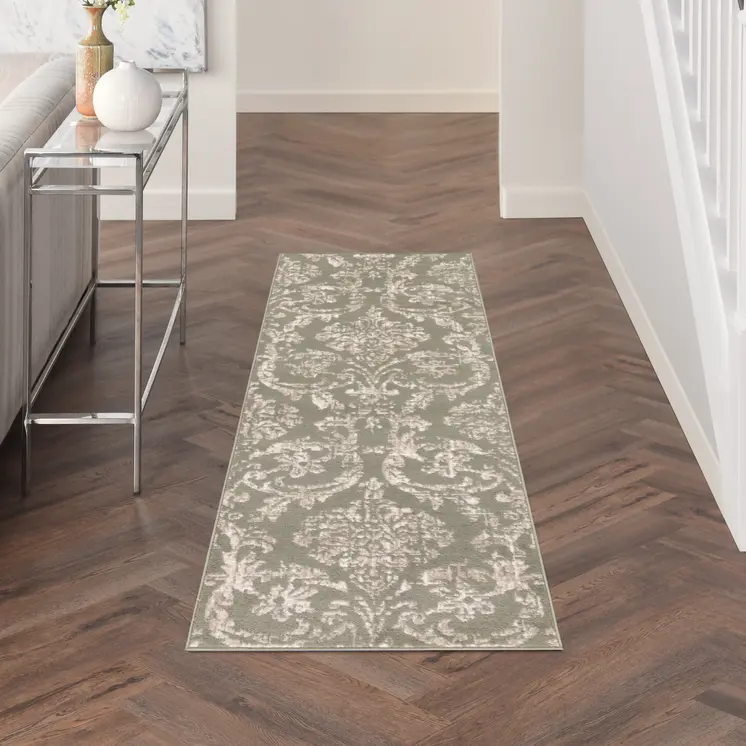 7' Olive Green and Ivory Damask Distressed Runner Rug