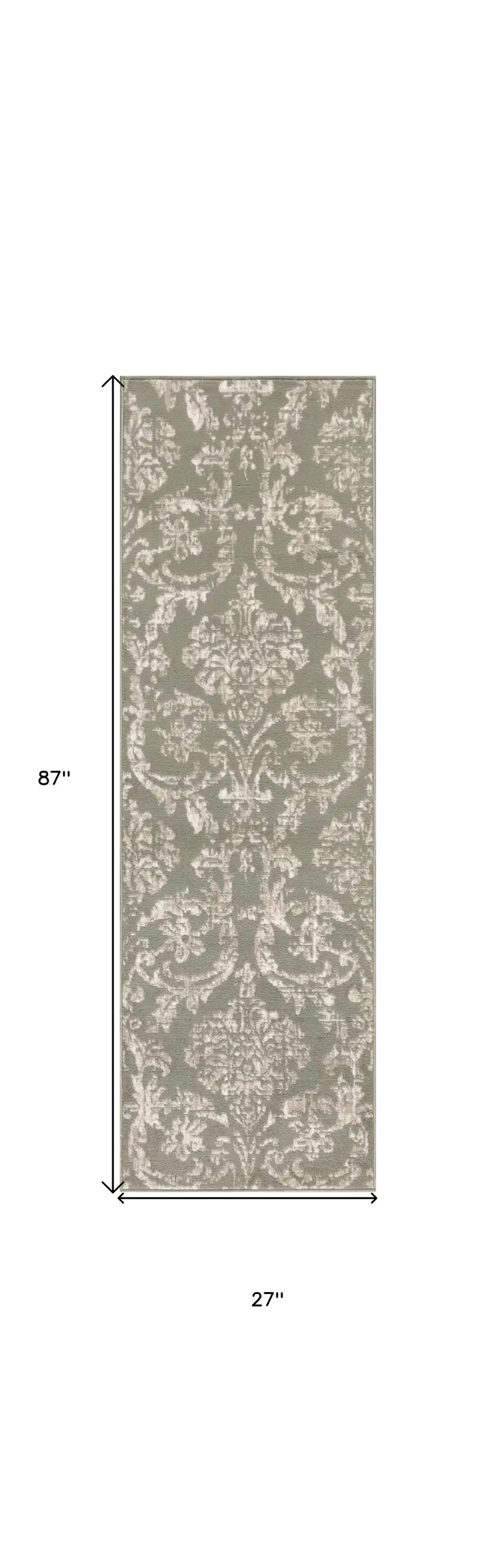 7' Olive Green and Ivory Damask Distressed Runner Rug
