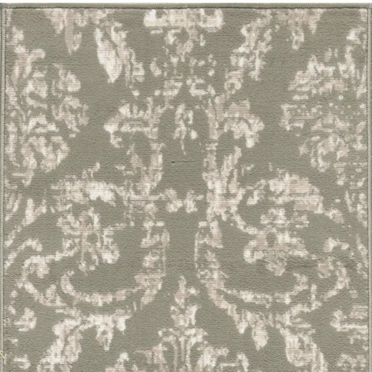 7' Olive Green and Ivory Damask Distressed Runner Rug
