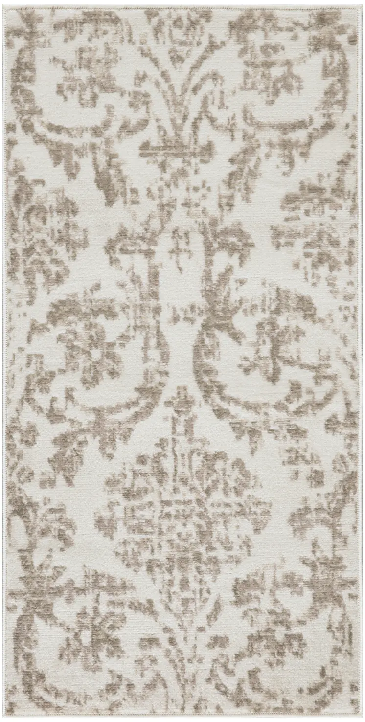 2' X 4' Beige and Ivory Damask Distressed Area Rug