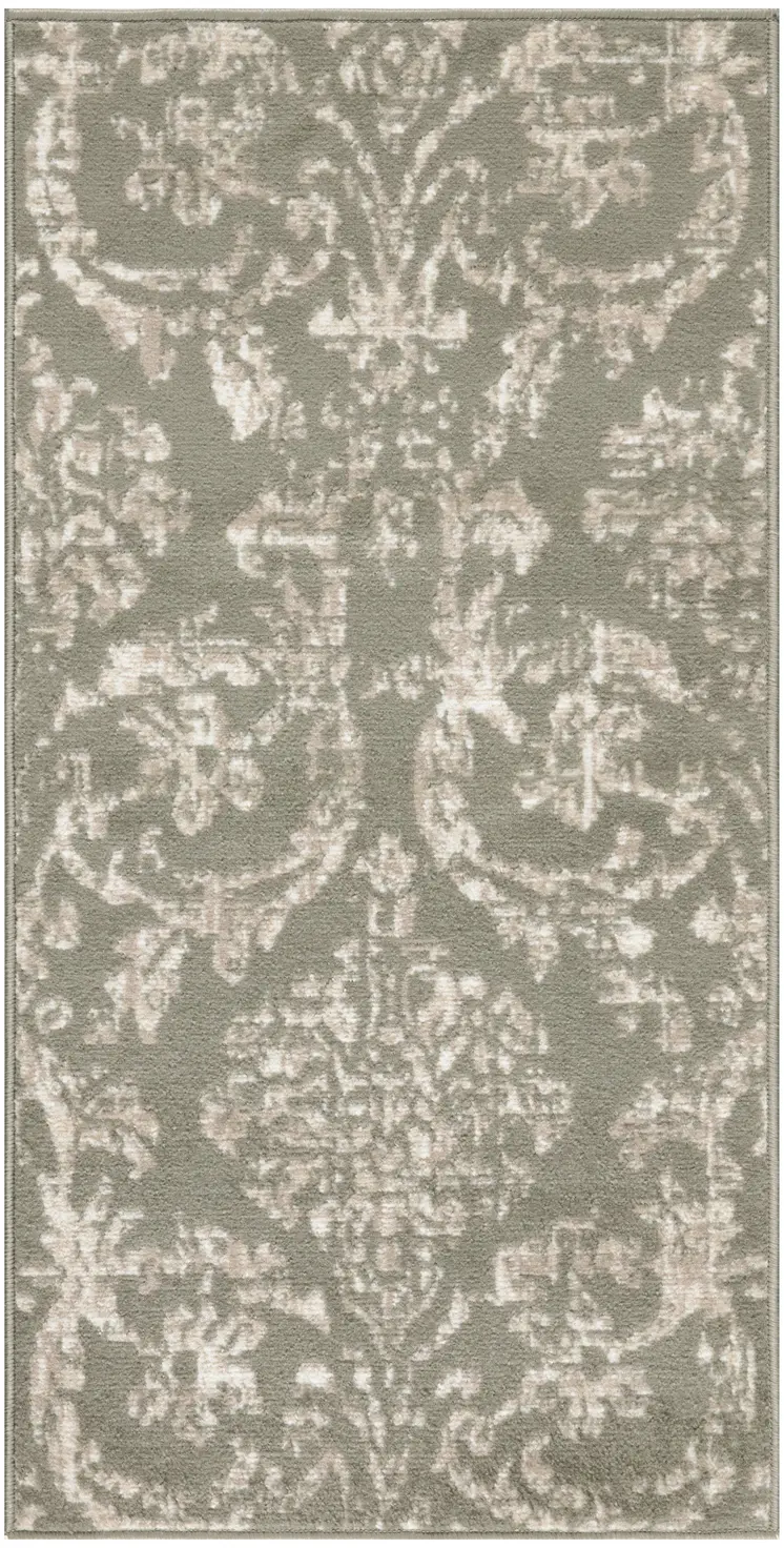 2' X 4' Olive Green and Ivory Damask Distressed Area Rug