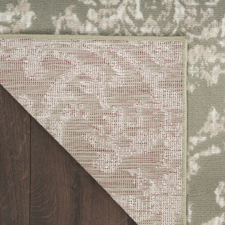 2' X 4' Olive Green and Ivory Damask Distressed Area Rug