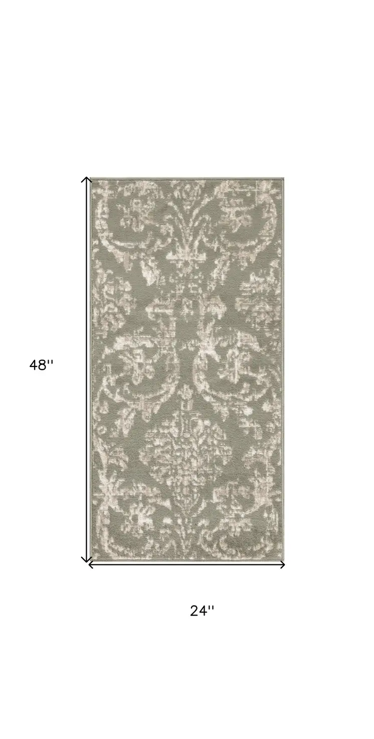 2' X 4' Olive Green and Ivory Damask Distressed Area Rug