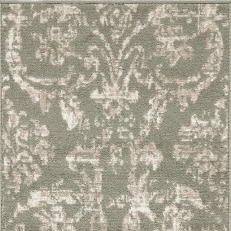 2' X 4' Olive Green and Ivory Damask Distressed Area Rug