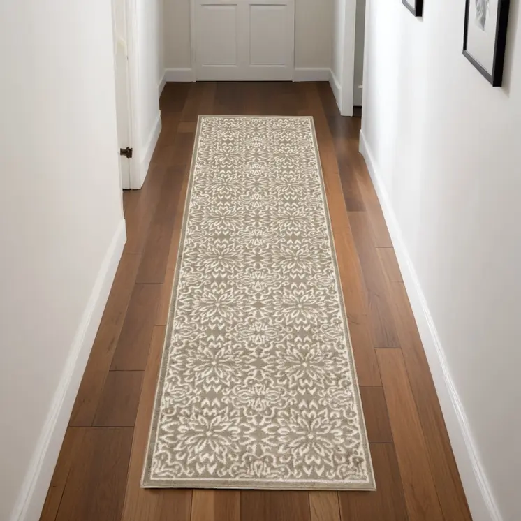 7' Taupe and Ivory Floral Runner Rug