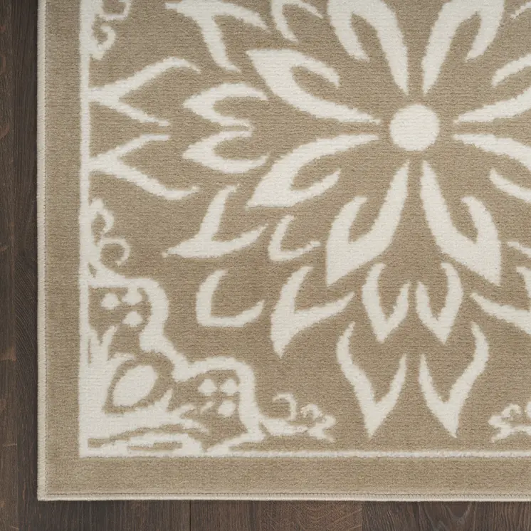 7' Taupe and Ivory Floral Runner Rug