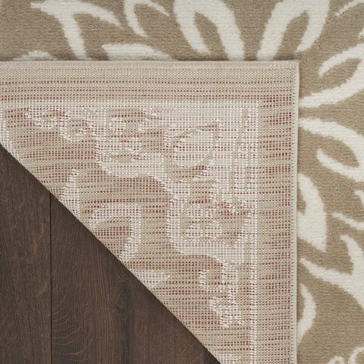 7' Taupe and Ivory Floral Runner Rug